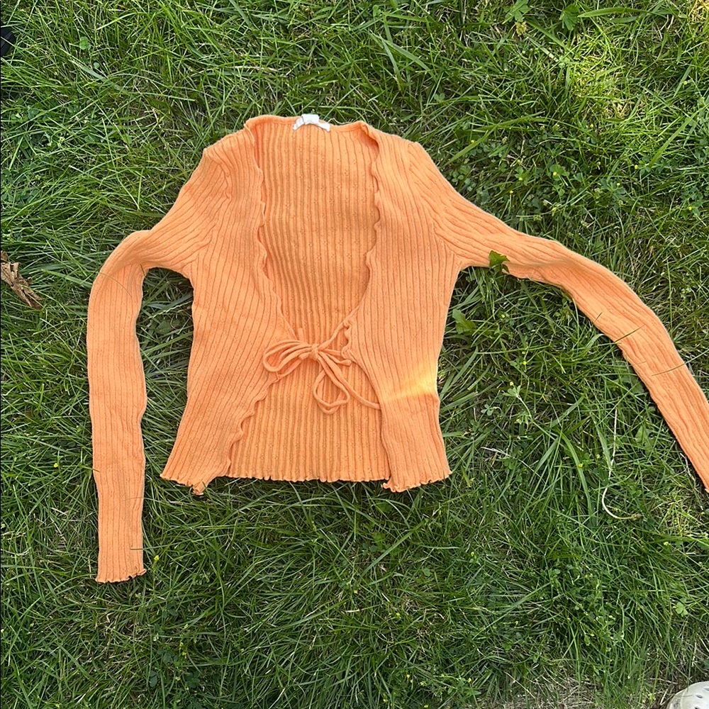 Full Tilt Orange Ribbed Tie-Front Blouse